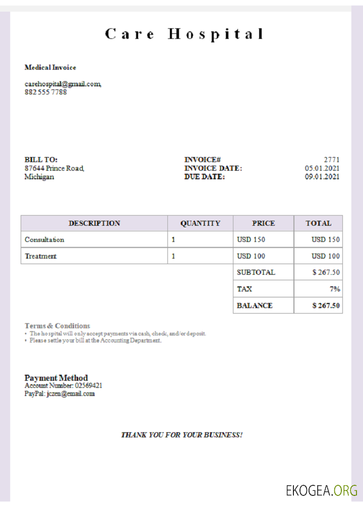 Facture de l'hôpital USA Care